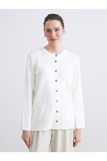 LC Waikiki Ecru Crew Neck Women's Knitwear Cardigan