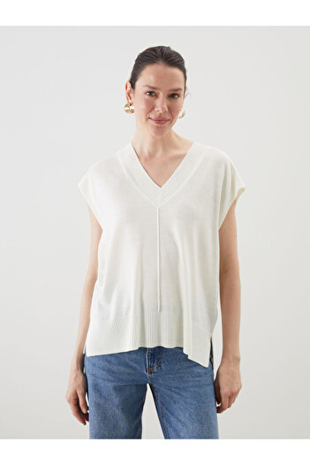 LC Waikiki Ecru V-Neck Women's Knitwear Sweater