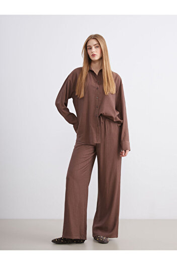 LC Waikiki Brown Elastic Waist Textured Wide Leg Women's Trousers