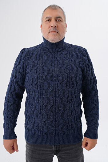 Trist Star Plus Size Men's Navy Blue Fisherman's Hair Braided Wool Sweater Trist-2119