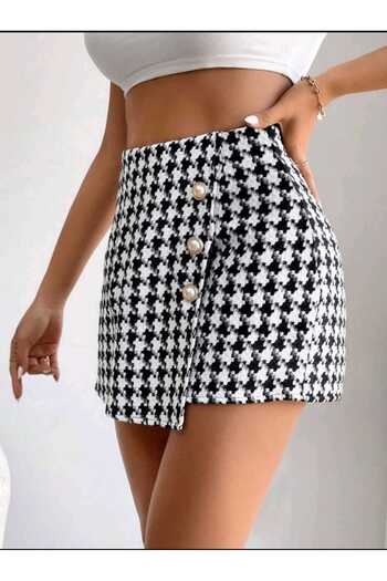 HMZ GOLD Houndstooth Pattern Shorts Skirt Casual Shorts Skirt with Button Detail
