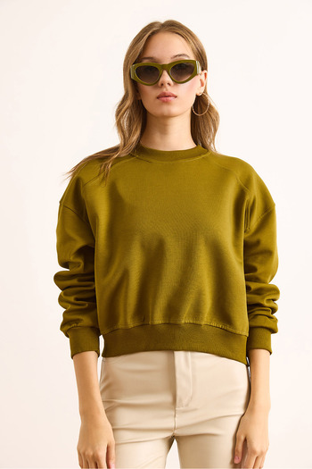 Olalook Women's Oil Green Double Interlock Sleeve Detailed Thick Sweatshirt Swt-19000735