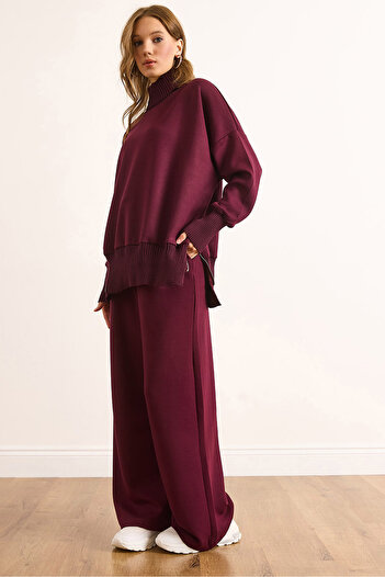 Olalook Women's Burgundy Premium Knitwear Detailed Modal Bottom and Top Set Tkm-19000429