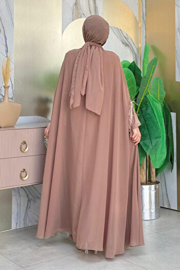 Bym Fashion Tasseled Collar Stone Detailed Abaya Dress Set 8494 Mink