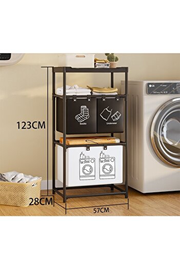 Flippy Laundry Basket, Flippy, 3 Shelves, 3 Baskets, Stainless Steel Frame, 123x28x57 cm, Black