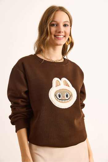Olalook Women's Brown Appliqued Basic Sweatshirt Swt-19000737