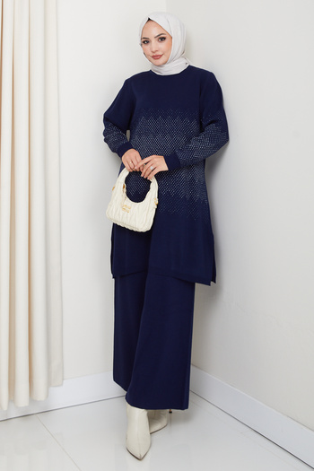 Kirazgym Elegance Silvery Woven Comfortable Fit Women's Tunic and Pants Hijab Knitwear Set