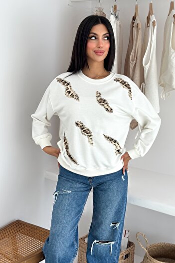 FEMELLE White Leopard Pattern Beads and Sequins Embroidered 100% Cotton Sweatshirt