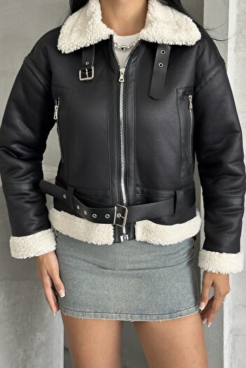 moda armanc Women's Belted Fur-Lined Leather Coat - Biker Leather Jacket