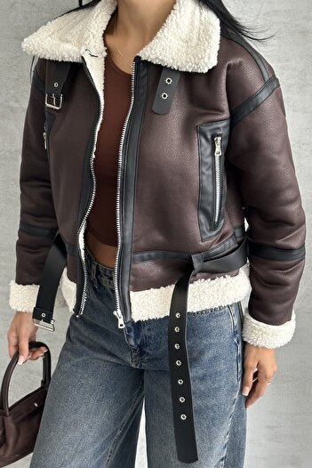 moda armanc Women's Belted Fur-Lined Leather Coat - Biker Leather Jacket