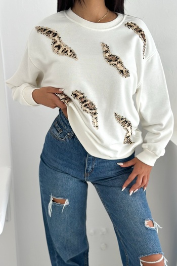 FEMELLE White Leopard Pattern Beads and Sequins Embroidered 100% Cotton Sweatshirt