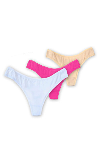 PriStyle Set of 3 women's thong underwear panties, Multifloral, Pink, Cream, White, Cotton