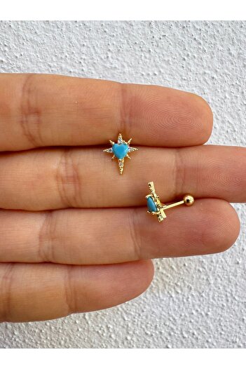 Arescollection Mavi zirkon taşlı kalpli 1 adet tragus helix lobe uyumlu piercing