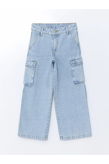 LC Waikiki Lcw Kids Blue Girls' Cargo Jean Pants with Adjustable Elastic Waist