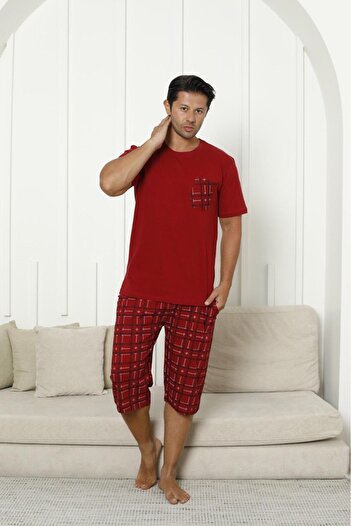 FORMO Men's 100% Organic Natural Cotton Plaid Pocket Detailed High Quality Short Sleeve Capri Pajama Set
