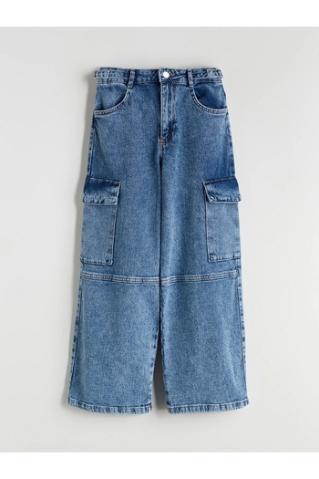LC Waikiki Lcw Kids Blue Girls' Cargo Jean Pants with Adjustable Elastic Waist