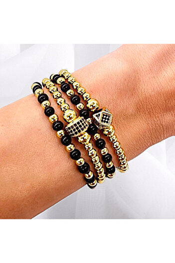 velve Set Precious, patru bratari unisex, cu bile din inox, si cristale de zirconiu, Bratari