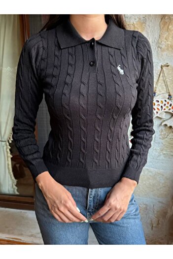 MODAMERSİ Pulover de tricotat cu jumătate de nasturi, negru, cu guler polo, pentru femei