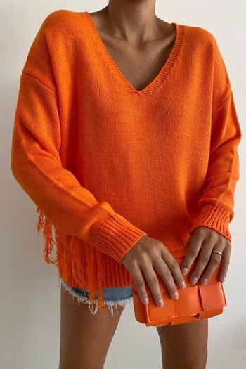 bayansepeti Orange Knitwear Fabric V-Neck Sleeves Tassel Detailed Sweater 0140