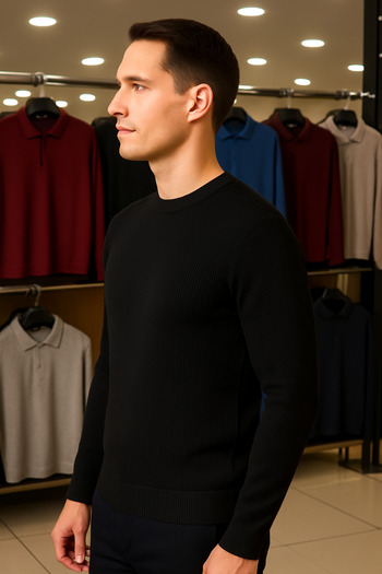 Maccali Men's Crew Neck Striped Black Sweat Knitwear Sweater