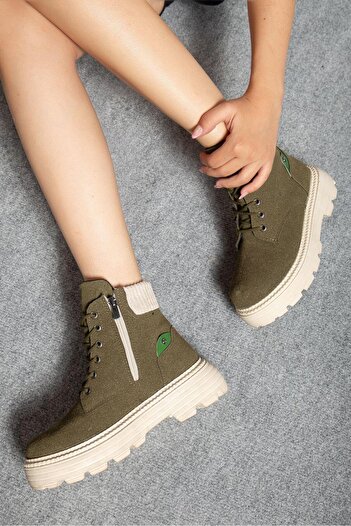 motto store Khaki Suede Zippered Flat Sole Women's Boots
