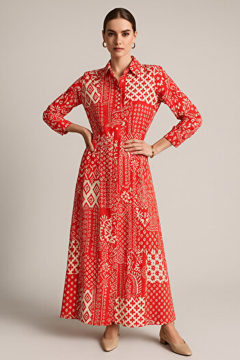 Rich Women's Red and White Patterned Long Sleeve Buttoned Waist Maxi Shirt Dress