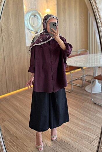Ka Hijab Oversize Shirt with Pocket Detail - Burgundy
