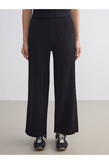 LC Waikiki Black Textured Women's Trousers with Elastic Waist