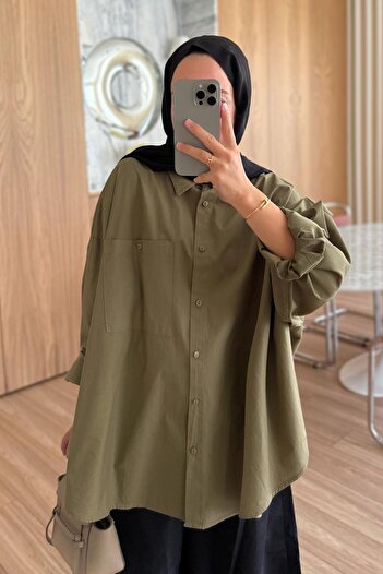 Ka Hijab Oversized Shirt with Pocket Detail - Khaki