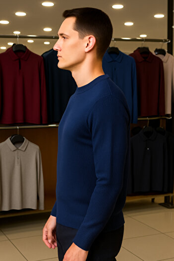 Maccali Men's Crew Neck Striped Navy Blue Sweat Knitwear Sweater