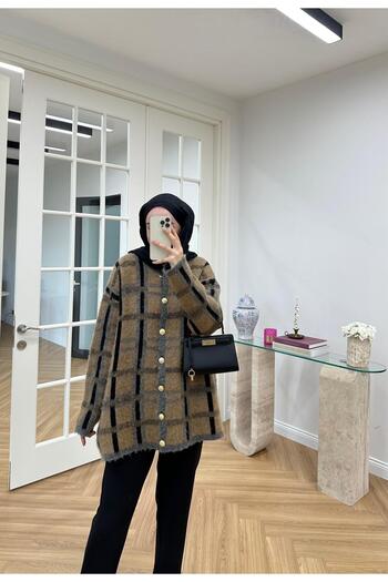 LE CARAMBOLE Women's Square Patterned Buttoned Wool Knitwear Cardigan