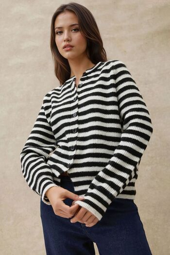 Hiccup Round Neck Striped Soft Knitwear Cardigan