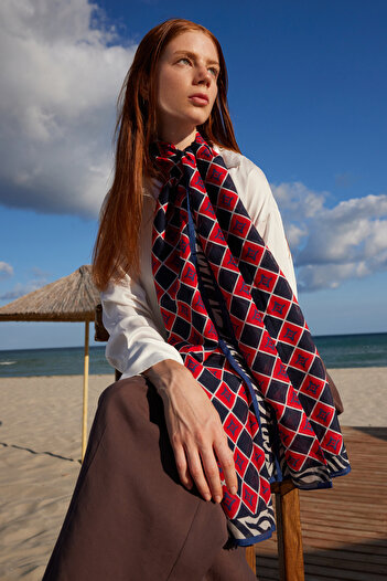 FENZA SCARF Sapphire Red Logo Pattern Cotton Silk Shawl