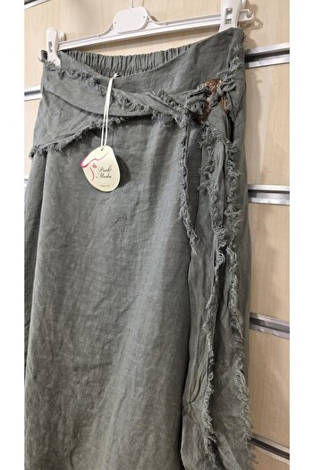 Park Moda Italian Linen Skirt with Fringe Detail and Buckle