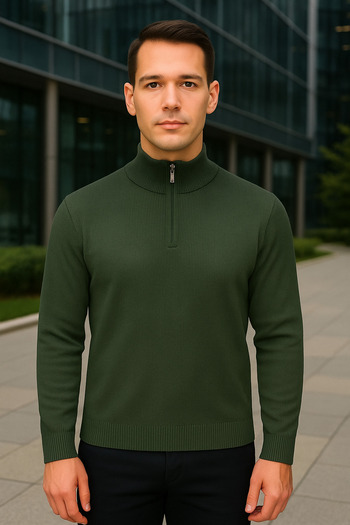 Maccali Men's High Neck Zippered Khaki Sweatshirt Knitwear Sweater