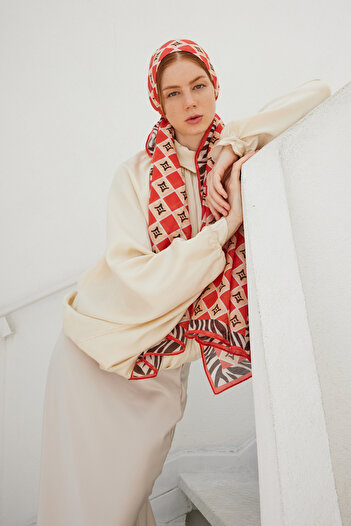 FENZA SCARF Sapphire Orange Logo Patterned Cotton Silk Shawl