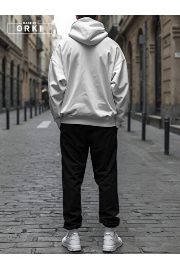 EFFRENATU Crowned Eagle Printed White Oversize Hooded Sweatshirt Black Pants Jogger Tracksuit Set