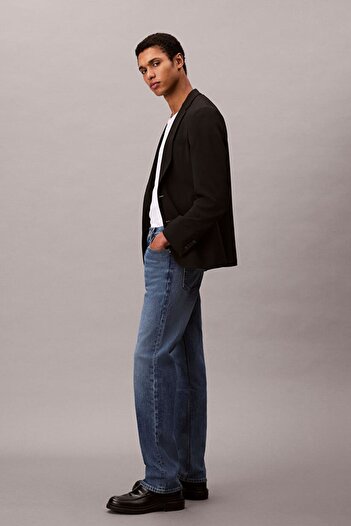 Calvin Klein Erkek Düz Kesim Pamuklu 5 Cepli Jean Pantolon - Mavi