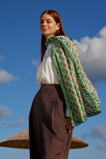 FENZA SCARF Sapphire Mint Green Logo Pattern Cotton Silk Shawl