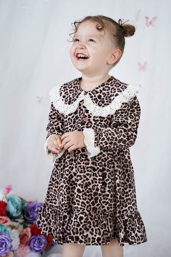 ALYRA Girl's Leopard Dress Baby Collar Lace Birthday Special Day Party Wedding Daily Baby Girl Dress
