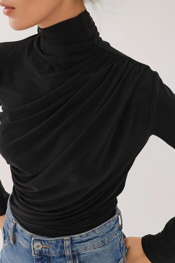 Hiccup High Neck Draped Long Angel Sleeve Soft Textured Knitted Blouse