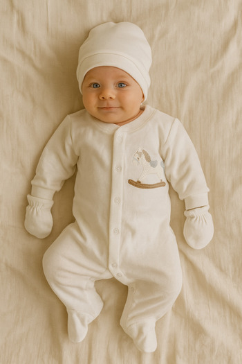 Bond Bestie Baby Boy Newborn 3-Piece Romper Set – Embroidered Cotton White Bodysuit, Gloves and Hat