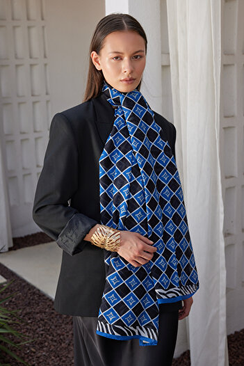 FENZA SCARF Sapphire Blue Logo Patterned Cotton Silk Shawl