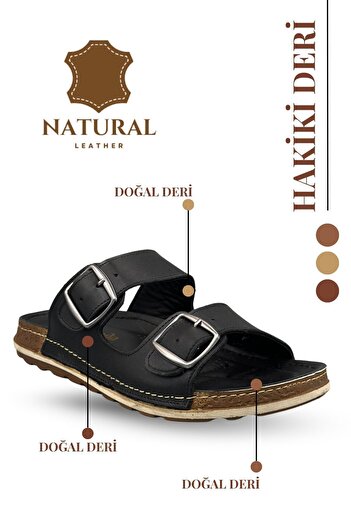 sermoda Genuine Leather Men's Slippers with Double Velcro Straps, Orthopedic Comfortable Sole, Daily Slippers Tm Black