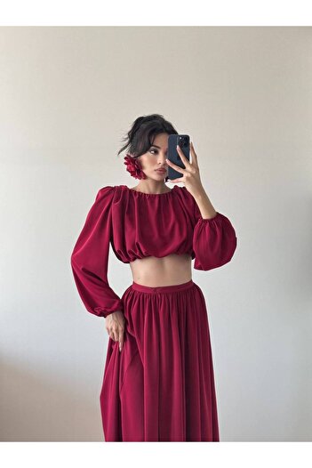 LOCH BUTİK Women's Burgundy Gathered Shoulder Padded Skirt and Blouse Two-Piece Set