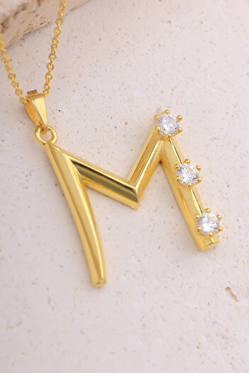 Lucente Jewellery Luxury Serisi Işıklı Hediye Kutulu 925 Ayar Altın Gümüş Kaplama M Harfi Taşlı Balon Harf Kolye