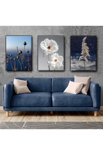 Harikabirev Blue-White Flower Modern Painting 02 |   3-Piece Vertical Frameless Canvas Painting Chsdkyknvs
