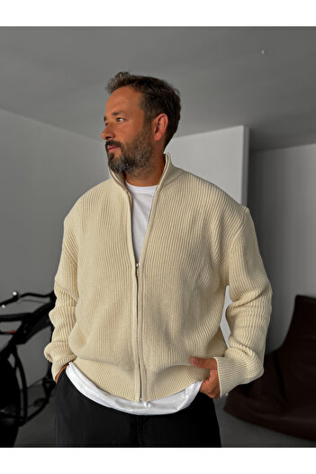 BYBASICMAN Beige Zippered Half Turtleneck Knitted Cardigan Pm-022