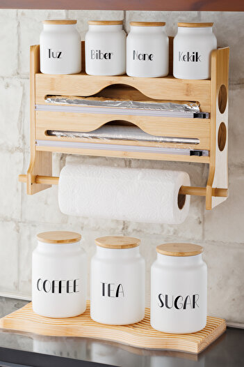 ANJEAHOME Florence 3 Compartment Bamboo Roll Paper Towel Holder, Stretch and Foil Box - Wall Mount Organizer