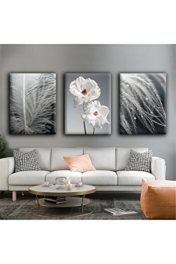 Harikabirev Grey-White Flower Feather Modern Painting |   3-Piece Vertical Frameless Canvas Painting Chsdkyknvs